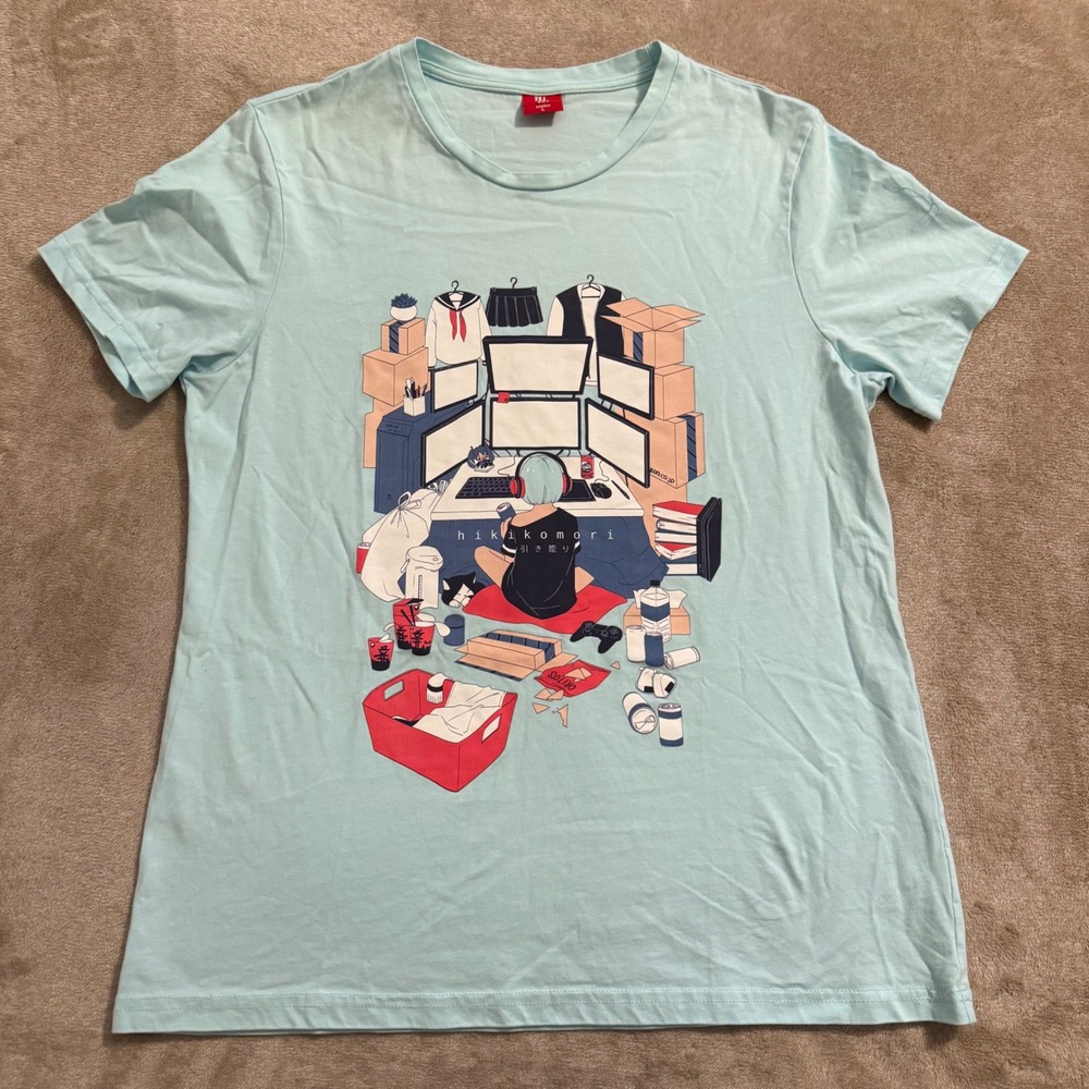 Bibisama Hikikomori Graphic T-Shirt Light Blue Anime Gamer Otaku Cotton Large